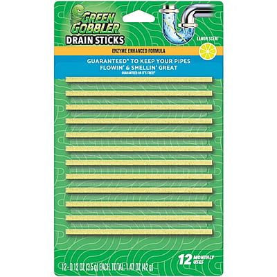 Green Gobbler Lemon Scent Drain Sticks Cleaner & Deodorizer - 12 Stick Pack